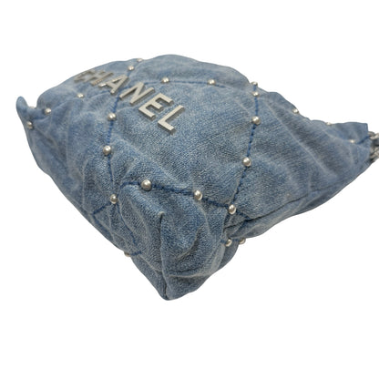 Used CHANEL Denim Quilted Studded Chanel 22 Mini Bag Blue Silver