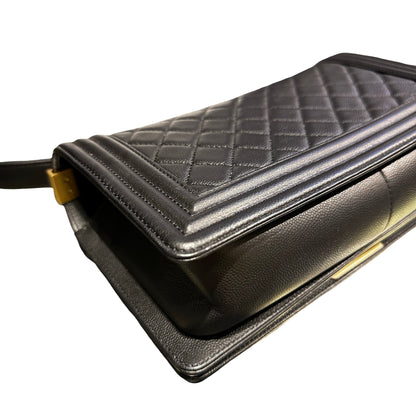 Used Chanel Calfskin Leather Boy 25cm Shoulder Bag Black GHW