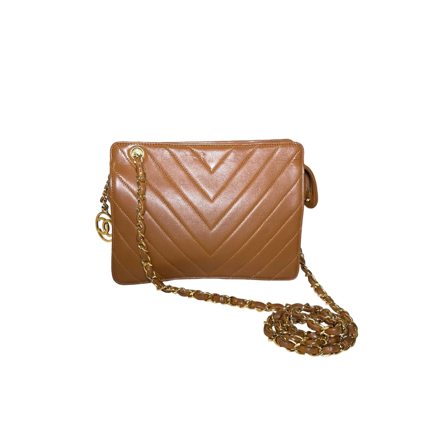 Used CHANEL Lambskin Leather Vintage lambskin chevron Cross Body Bag Brown GHW
