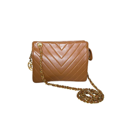 Used CHANEL Lambskin Leather Vintage lambskin chevron Cross Body Bag Brown GHW