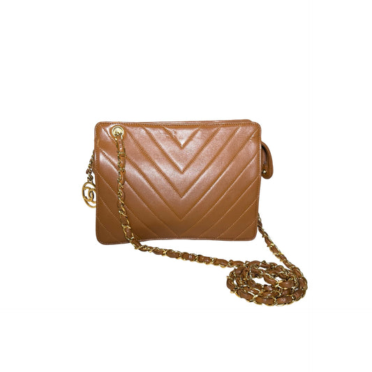 Used CHANEL Lambskin Leather Vintage lambskin chevron Cross Body Bag Brown GHW