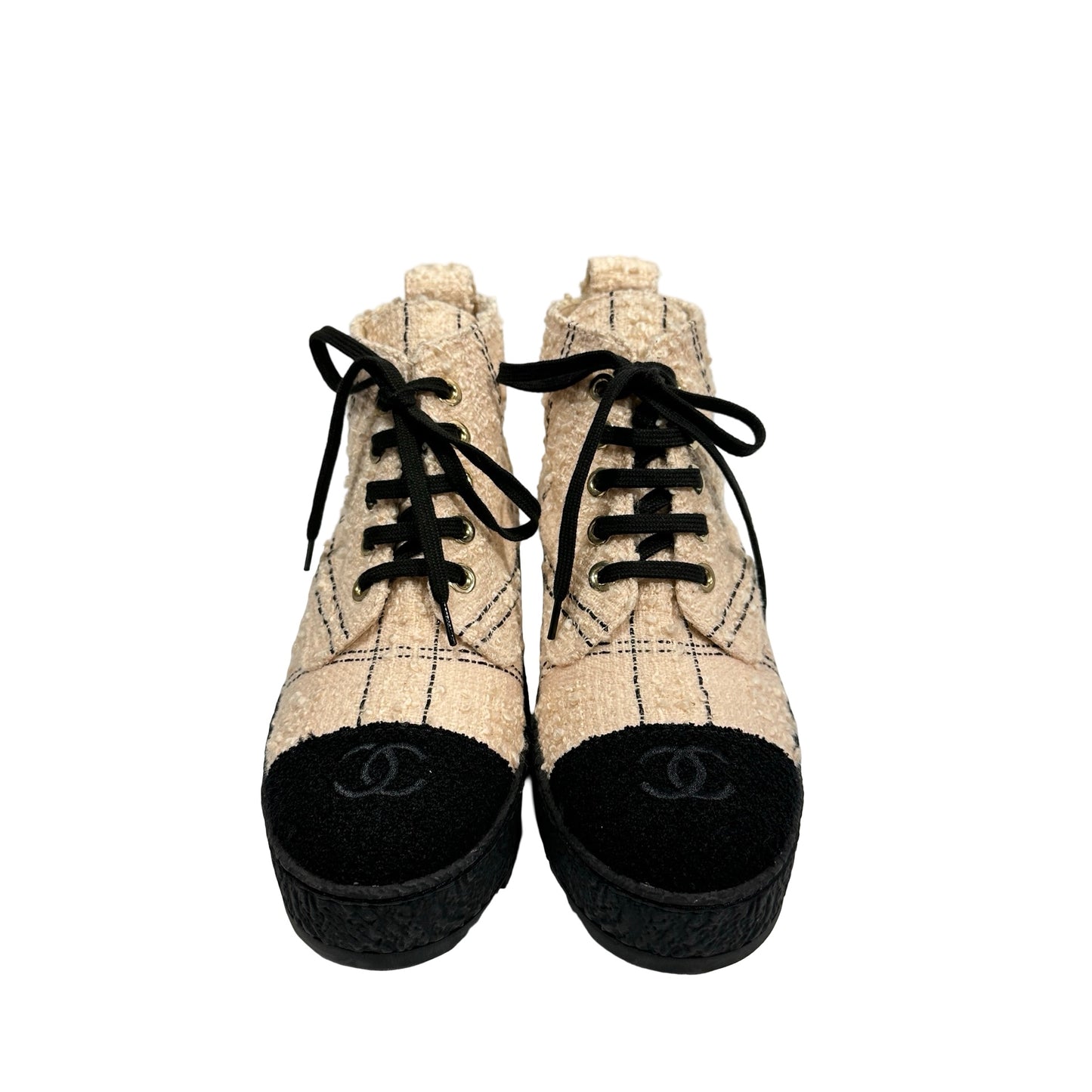 Used CHANEL Tweed High-top Sneakers Shoes Beige Black GHW