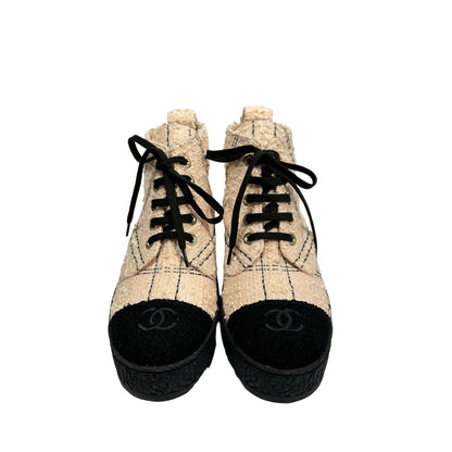 Used CHANEL Tweed High-top Sneakers Shoes Beige Black GHW