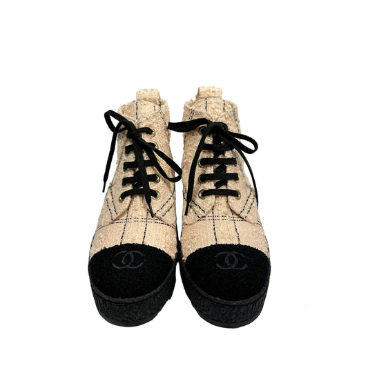 Used CHANEL Tweed High-top Sneakers Shoes Beige Black GHW