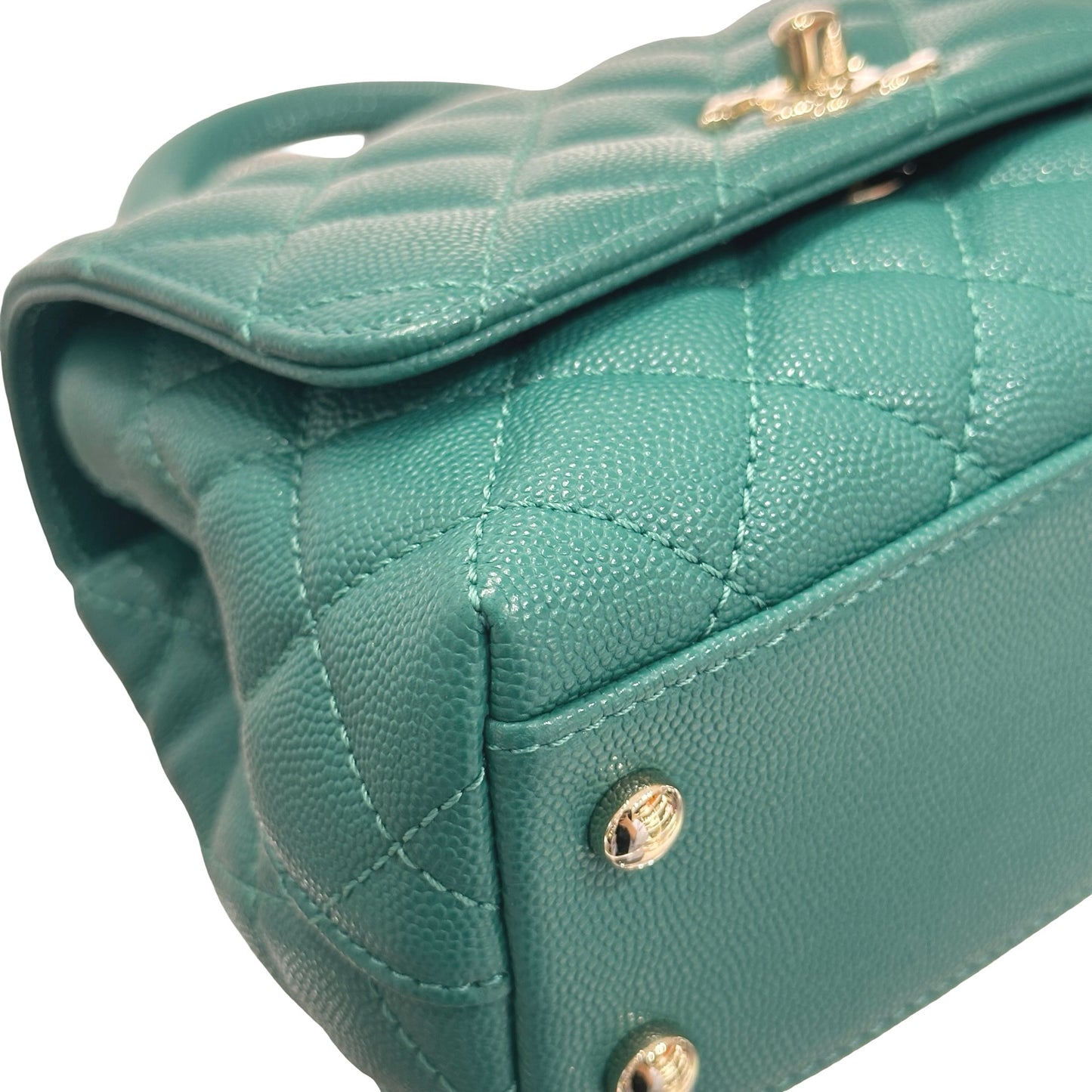 Used CHANEL Calfskin Leather Mini coco handle Two Way Shoulder Bag Green GHW