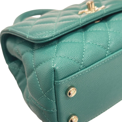 Used CHANEL Calfskin Leather Mini coco handle Two Way Shoulder Bag Green GHW