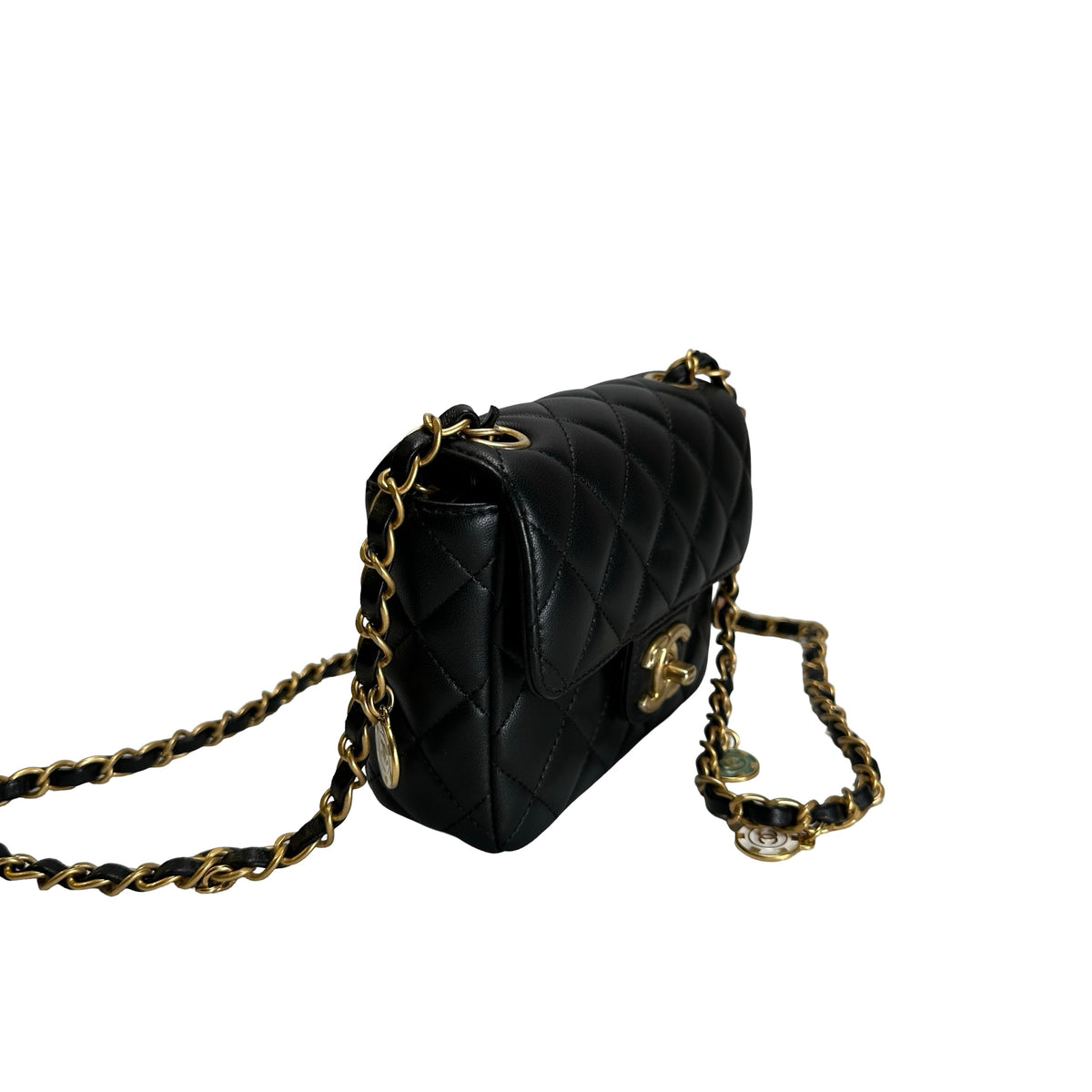 Used CHANEL Quilted Lambskin Mini Flap Bag Shoulder Bag Black Gold