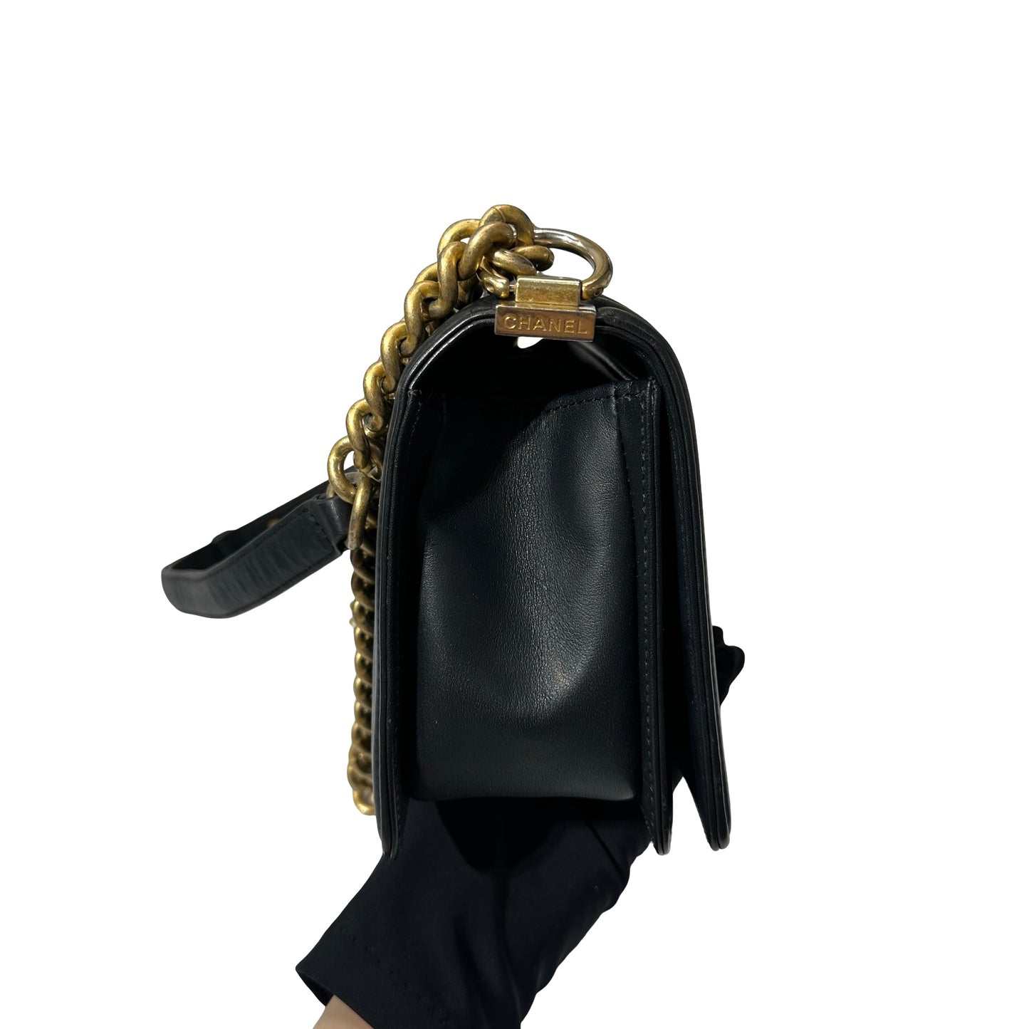 Used Chanel Lambskin Leather Boy 25 Shoulder Bag Black GHW