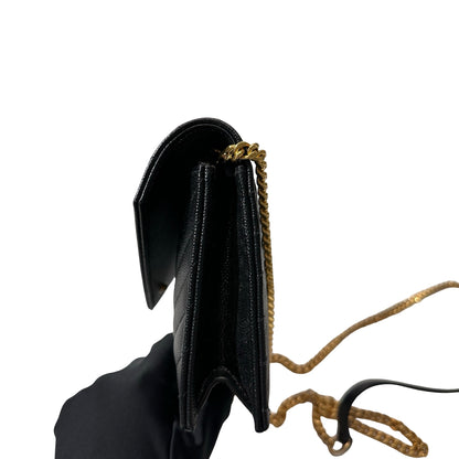 Used SAINT LAURENT Calfskin Leather ENVELOPE WOC Cross Body Bag Black GHW