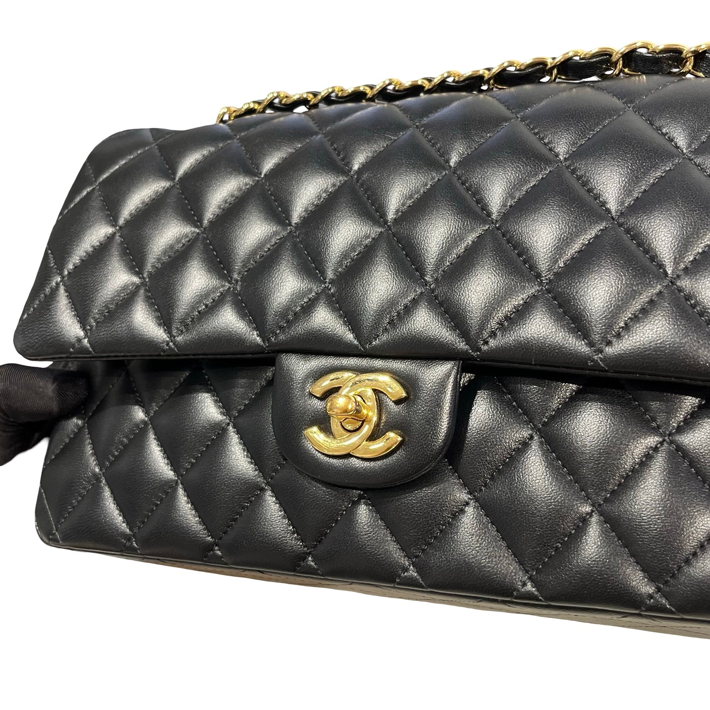 Used CHANEL Quilted Lambskin Classic Flap Chain Shoulder Bag Black Gold