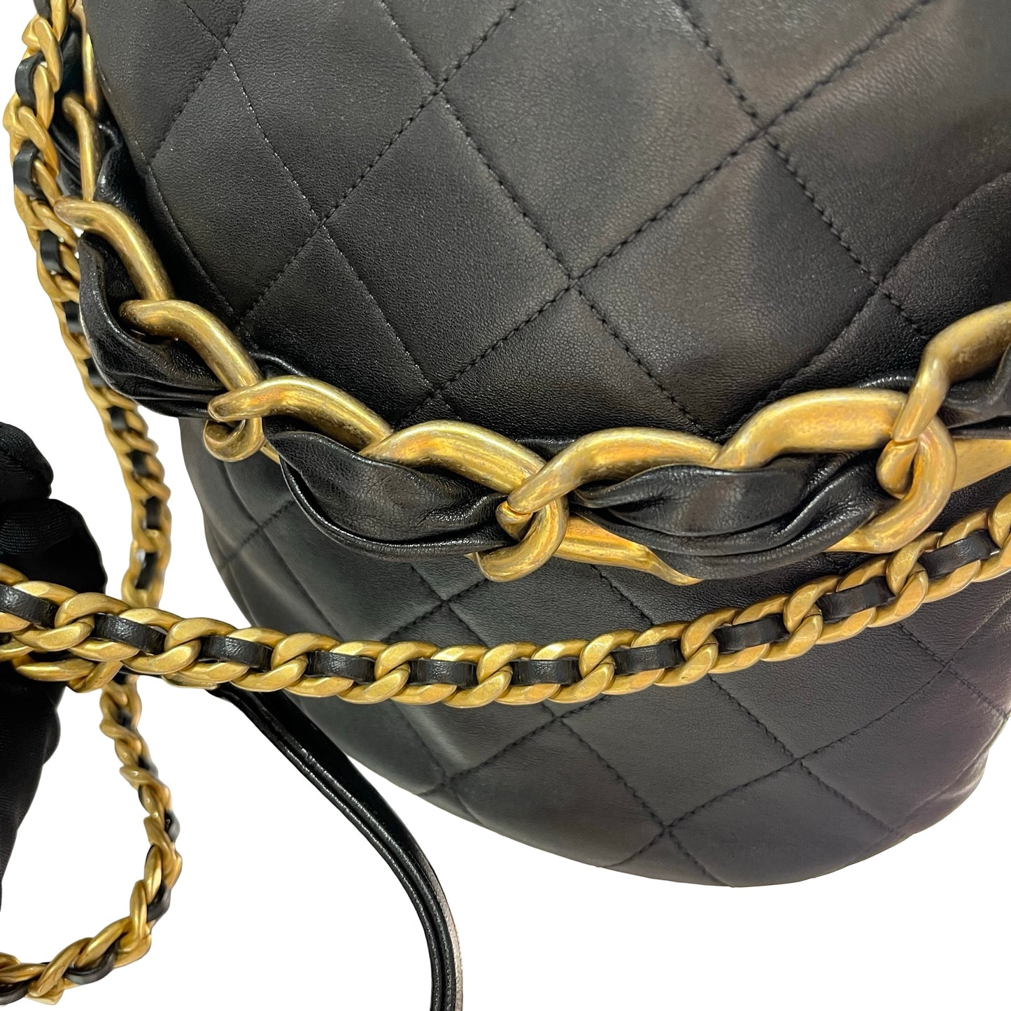 Used CHANEL Lambskin Leather Bucket Bag Black GHW