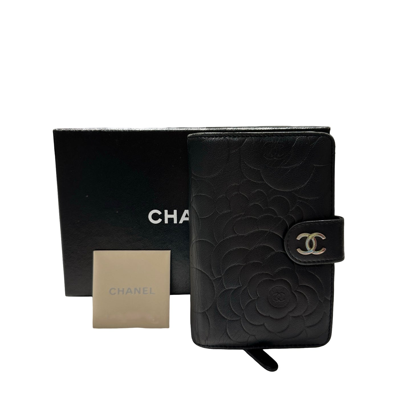 Used CHANEL Camellia Caviar Camellia Wallet Black Silver