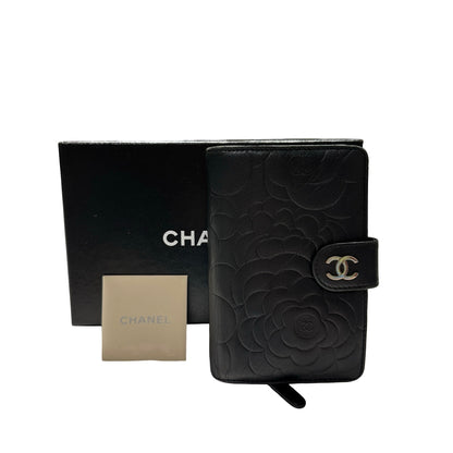 Used CHANEL Camellia Caviar Camellia Wallet Black Silver