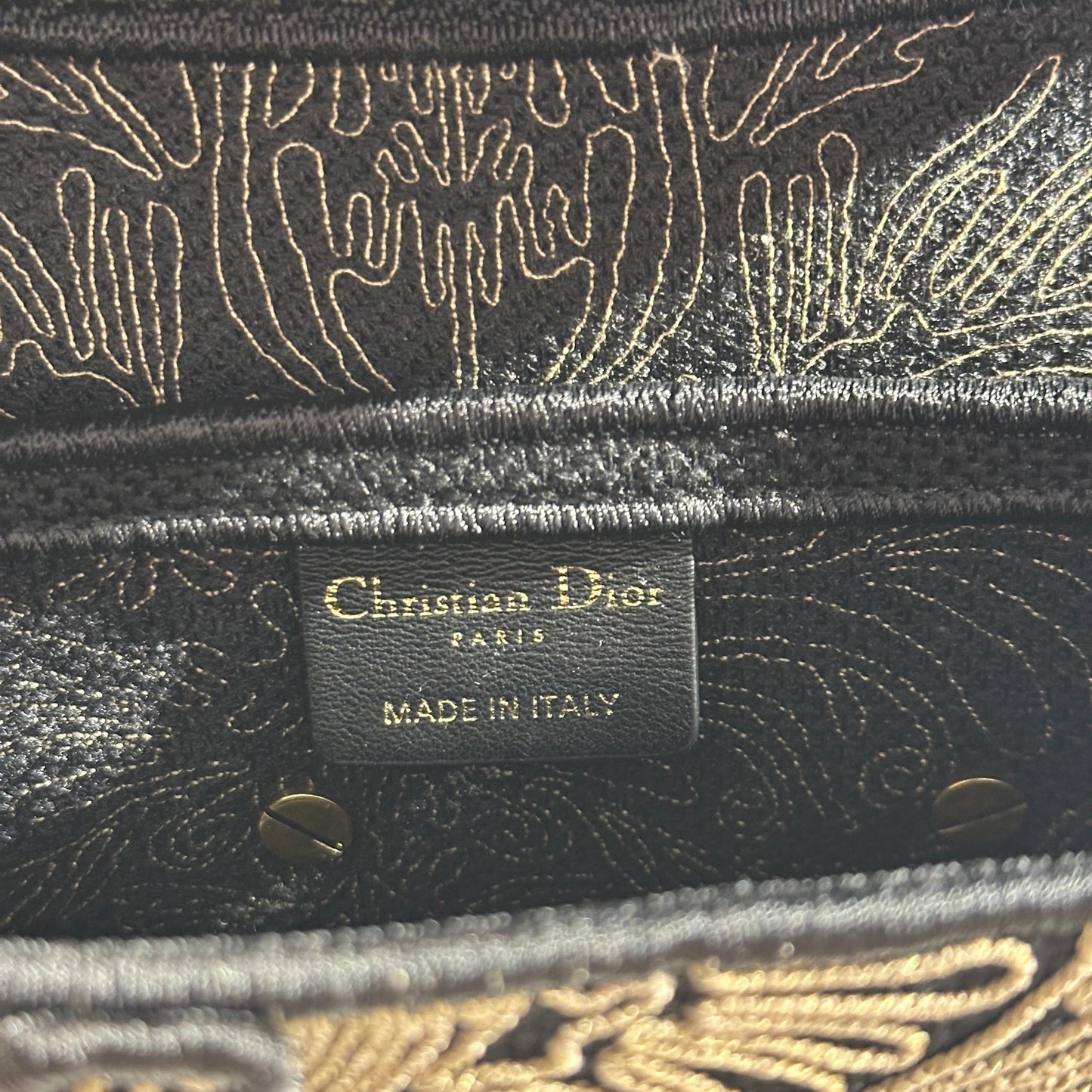 Used DIOR Embroidered Canvas Floral Stripes Saddle Saddle Bag Black Beige GHW