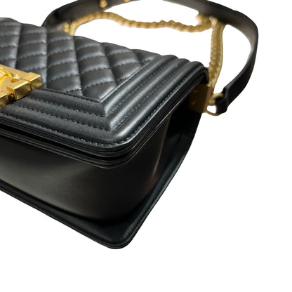 Used CHANEL Calfskin Leather Boy 20cm Shoulder Bag Black GHW