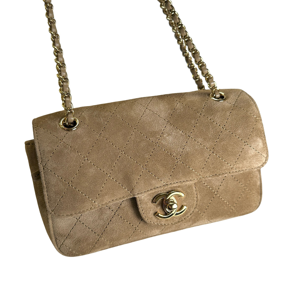 Brand New CHANEL Suede Classic Flap Shoulder Bag Beige GHW