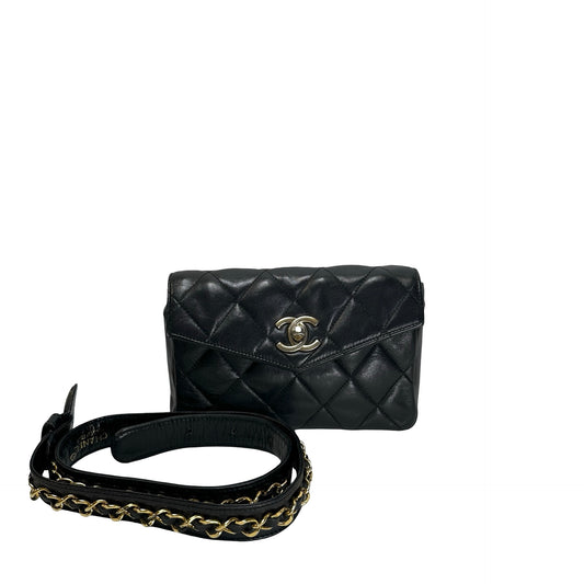 Used CHANEL Quilted Matelasse Belt bag Black