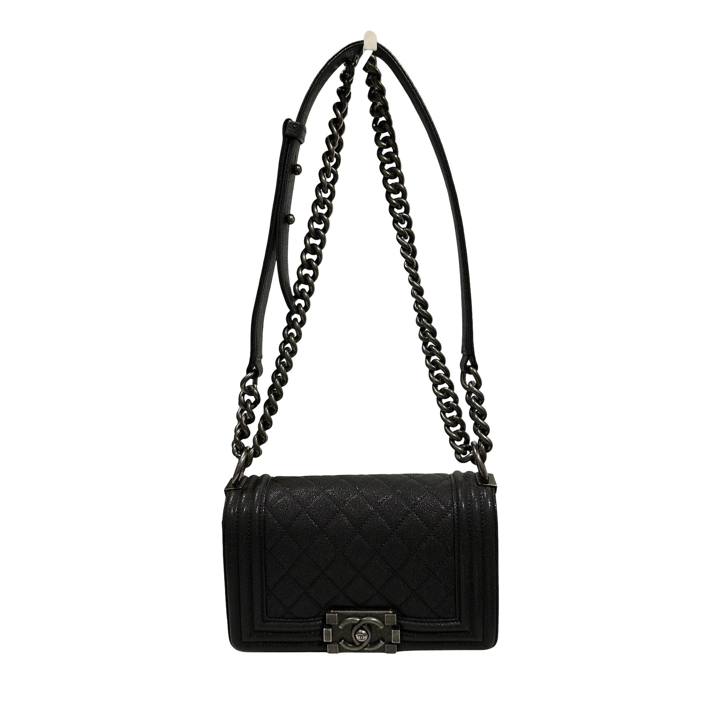 Used Chanel Calfskin Leather Boy 20cm Shoulder Bag PHW Grey