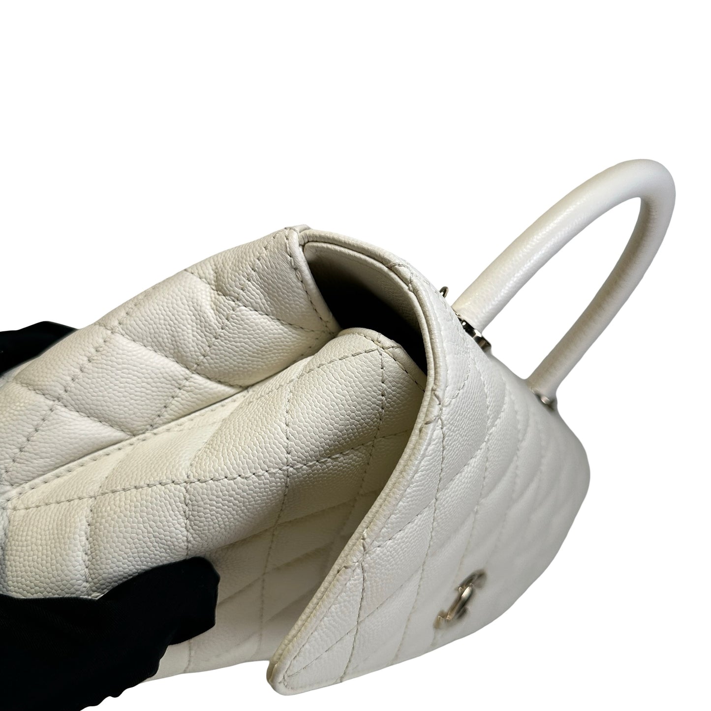 Used CHANEL Quilted Caviar Coco Handle Handbag White GHW