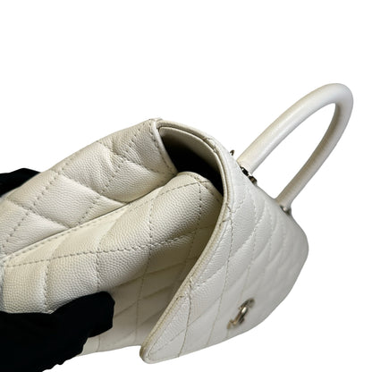 Used CHANEL Quilted Caviar Coco Handle Handbag White GHW
