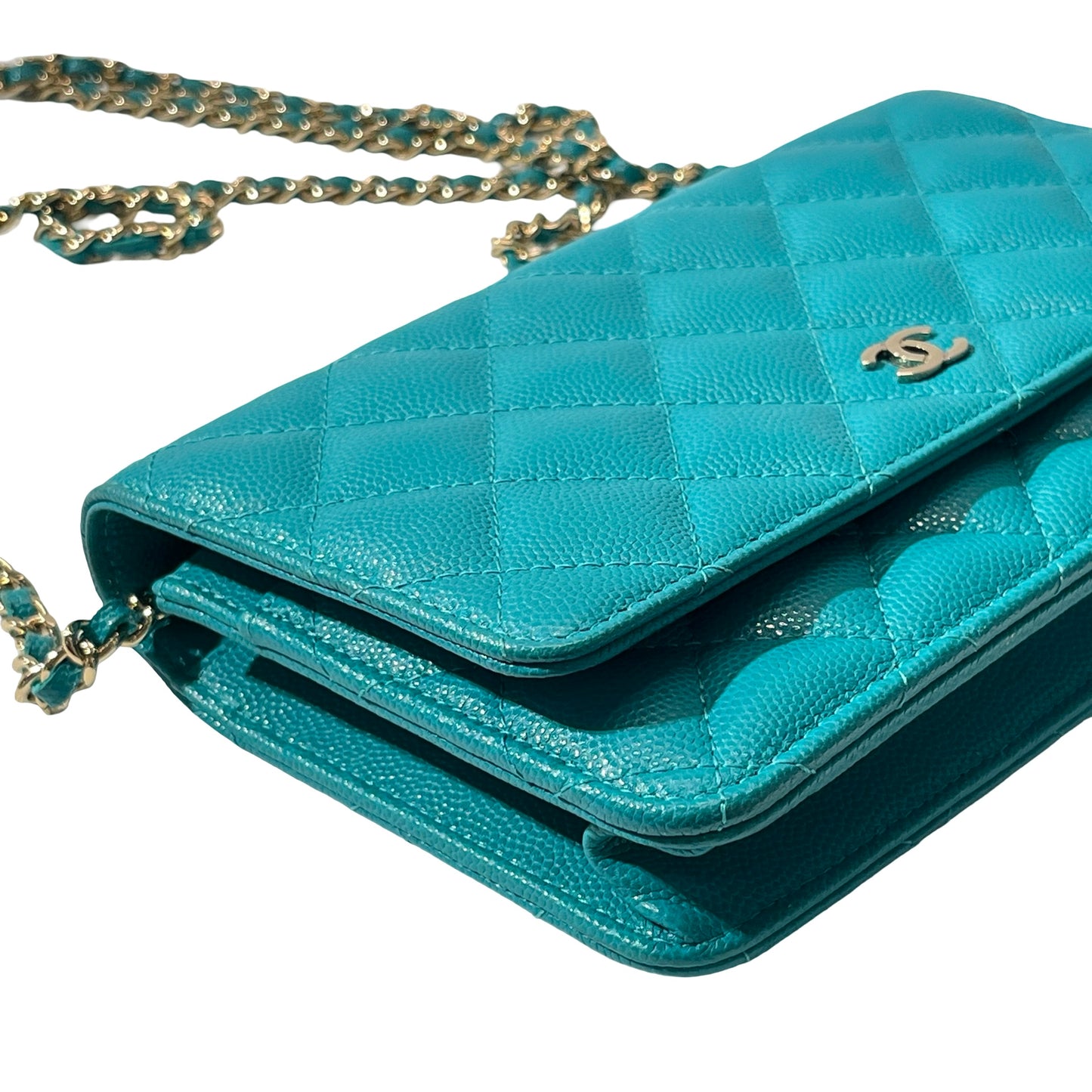 Used CHANEL Calfskin Leather WOC Cross Body Bag Green GHW