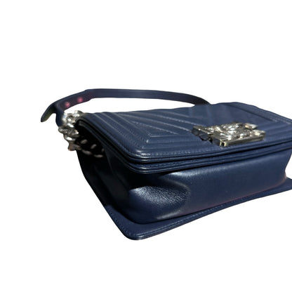 Used CHANEL Boy 20 V line Shoulder Bag Navy Blue PHW