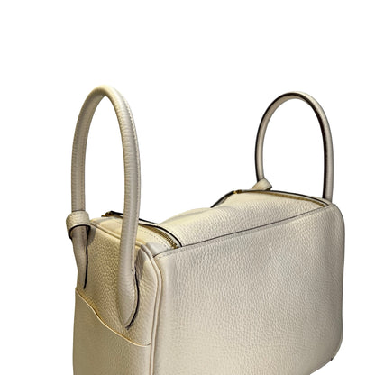 Used HERMES Leather Clemence Lindy Handbag Cream Off-White