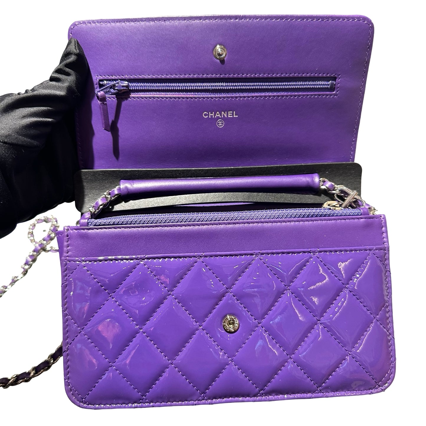 Used CHANEL Patent Leather WOC Cross Body Bag Purple PHW