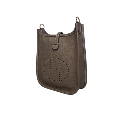 Brand New HERMES Clemence Leather Mini Evelyne 16 Cross body bag Etoupe BLEU INDIGO PHW