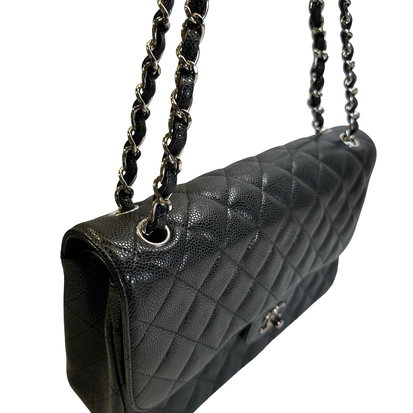 Used CHANEL Quilted Caviar leather Jumbo Single Flap Bag Shoulder Bag Black Silver hardware