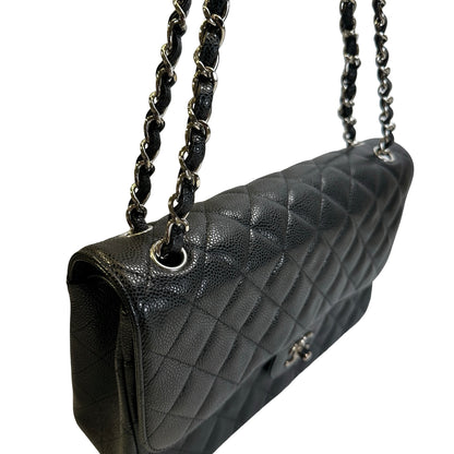 Used CHANEL Quilted Caviar leather Jumbo Single Flap Bag Shoulder Bag Black Silver hardware