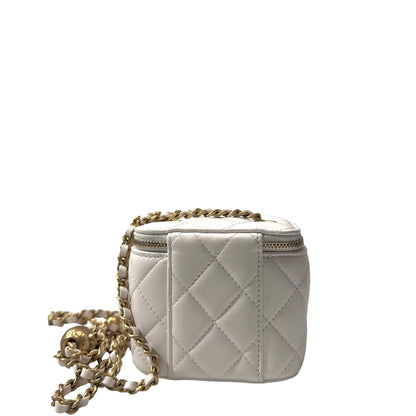 Used CHANEL Lambskin Leather Vanity Case with Gold Ball Cross Body Bag White GHW