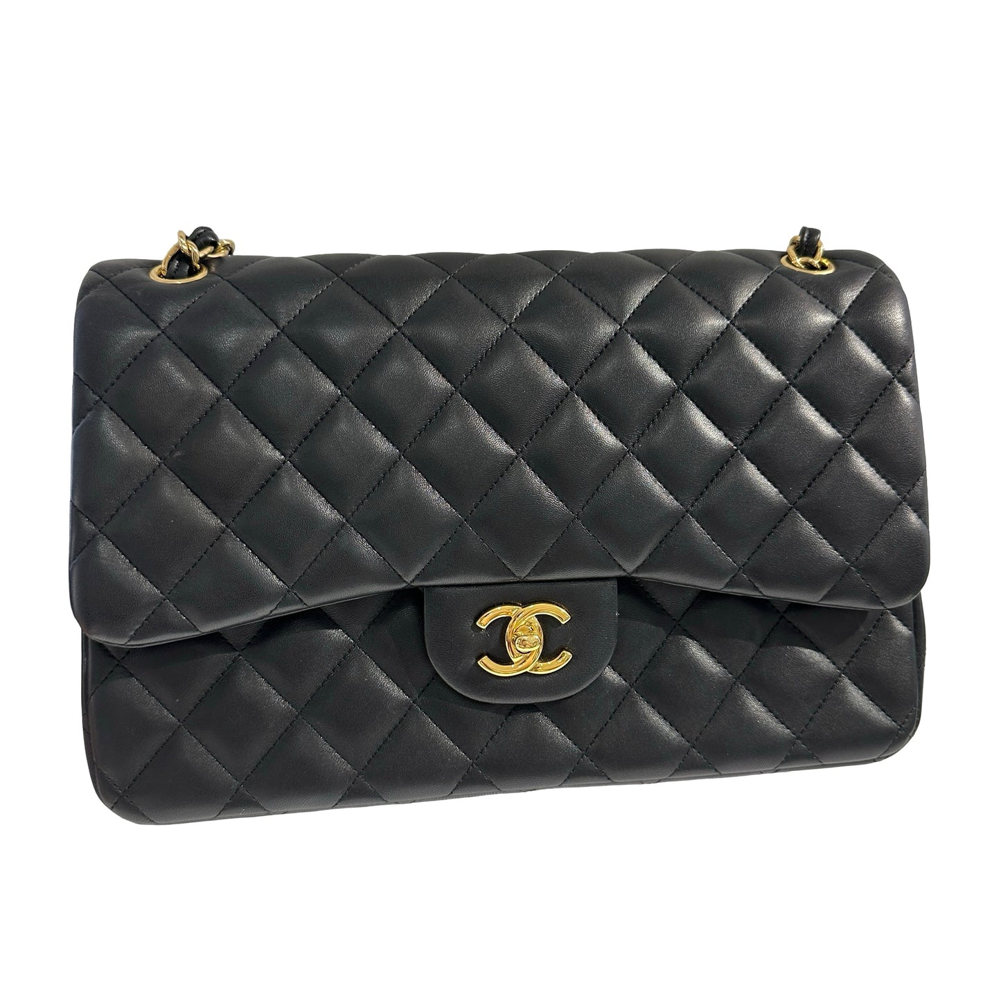 Used CHANEL Lambskin Quilted Jumbo Shoulder Bag Black Gold