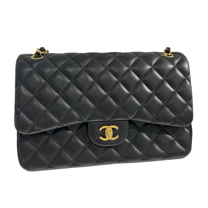 Used CHANEL Lambskin Quilted Jumbo Shoulder Bag Black Gold