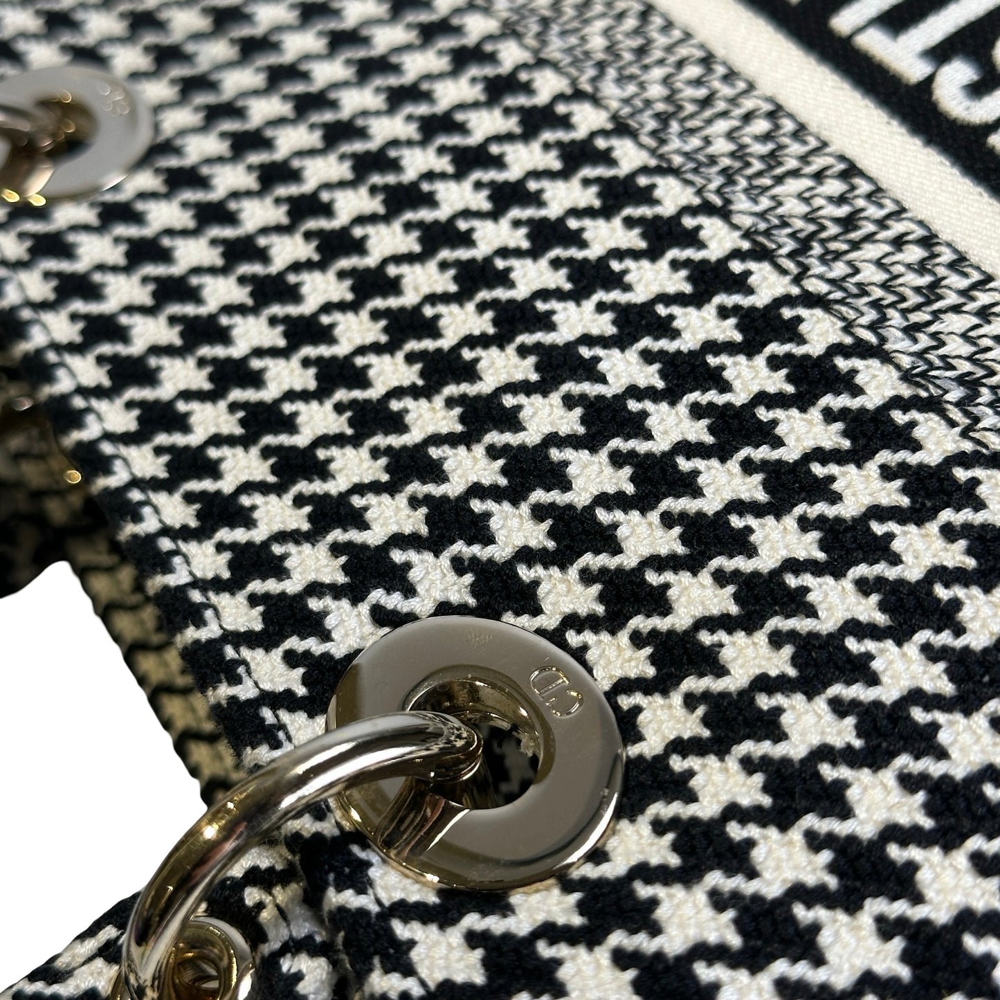 Used DIOR Houndstooth Embroidery Lady D-Lite Handbag Black White