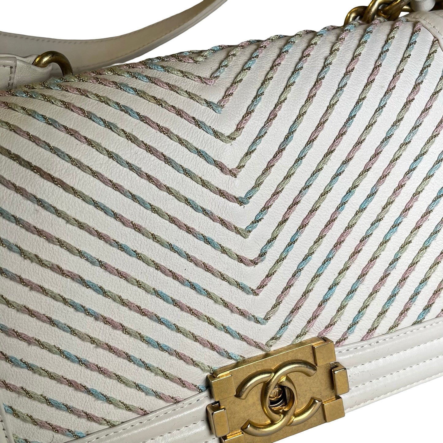 Used CHANEL Chevron Leather Boy Bag Chain Shoulder Bag White Multi-color