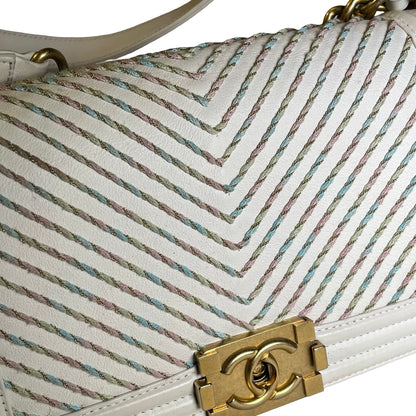 Used CHANEL Chevron Leather Boy Bag Chain Shoulder Bag White Multi-color