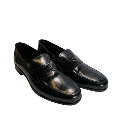Used PRADA Leather Logo Plaque Loafers Shoes Black Silver