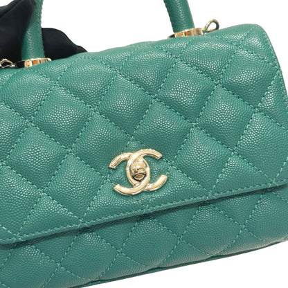 Used CHANEL Calfskin Leather Mini coco handle Two Way Shoulder Bag Green GHW