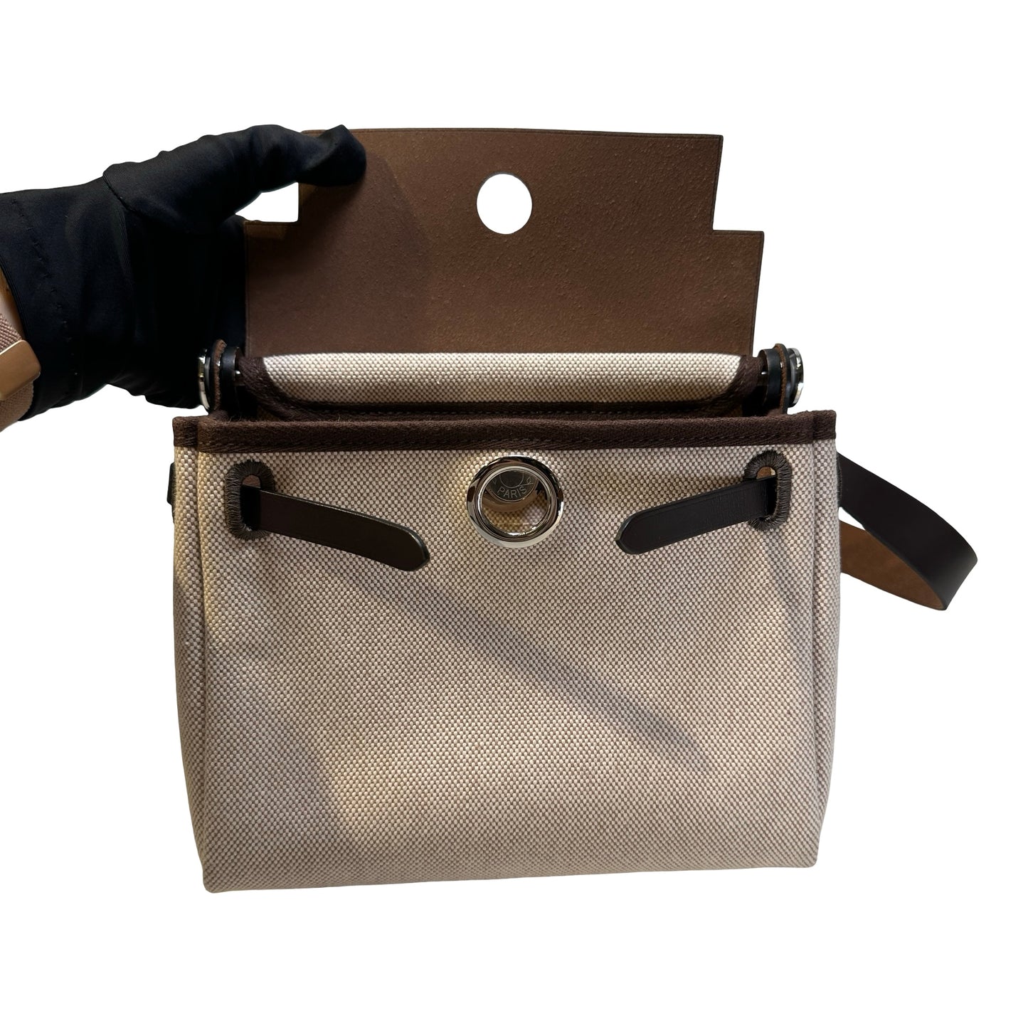 Used HERMES Canvas Leather Mini Herbag Handbag Beige Brown