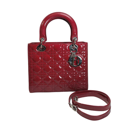 Used DIOR Cannage Patent Leather Lady Dior Handbag Red