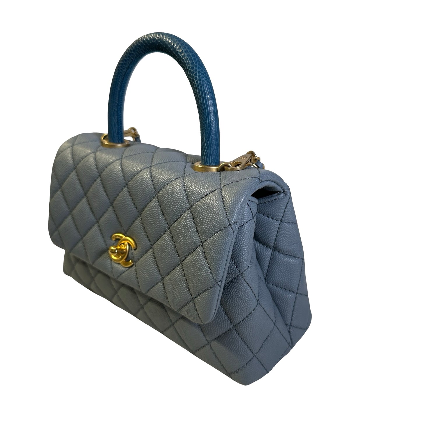 Used CHANEL Quilted Caviar Lizard Coco Handle Handbag Blue