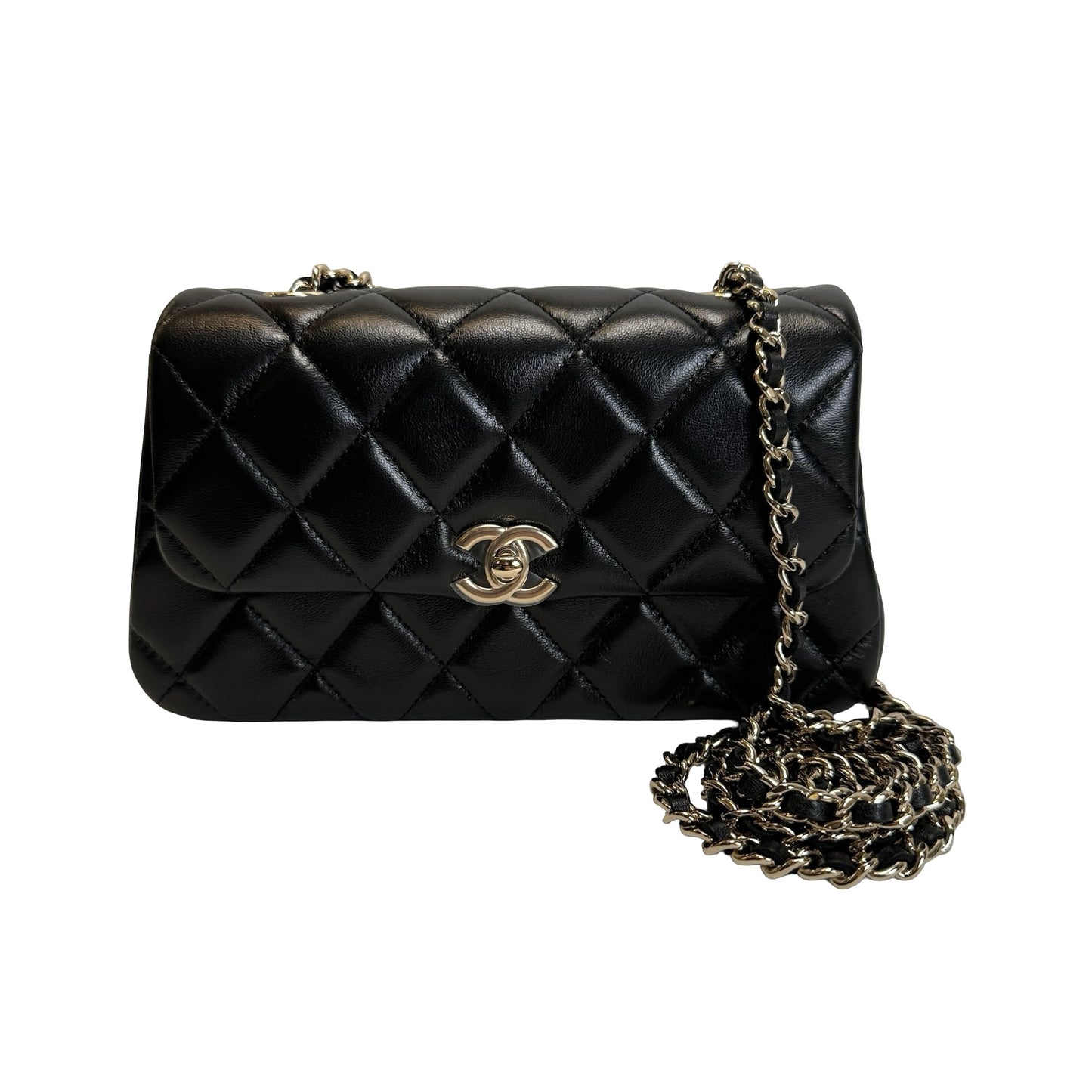 Used CHANEL Quilted Lambskin Mini Rectangular Flap Bag Chain Shoulder Bag Black Gold