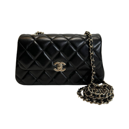 Used CHANEL Quilted Lambskin Mini Rectangular Flap Bag Chain Shoulder Bag Black Gold