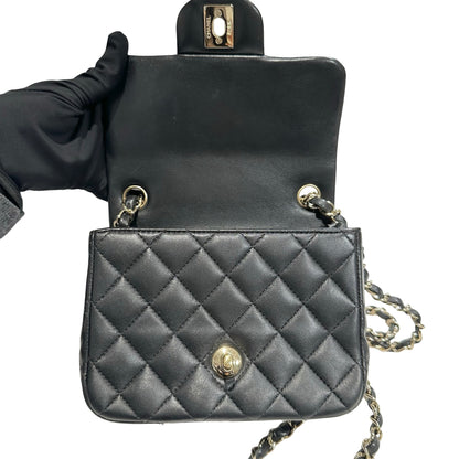 Used CHANEL Lambskin Leather Mini Flap 17cm Cross Body Bag Black GHW
