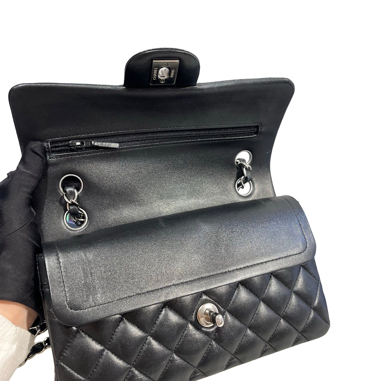 Used CHANEL Quilted Lambskin Classic Flap Chain shoulder bag Black Silver hardware