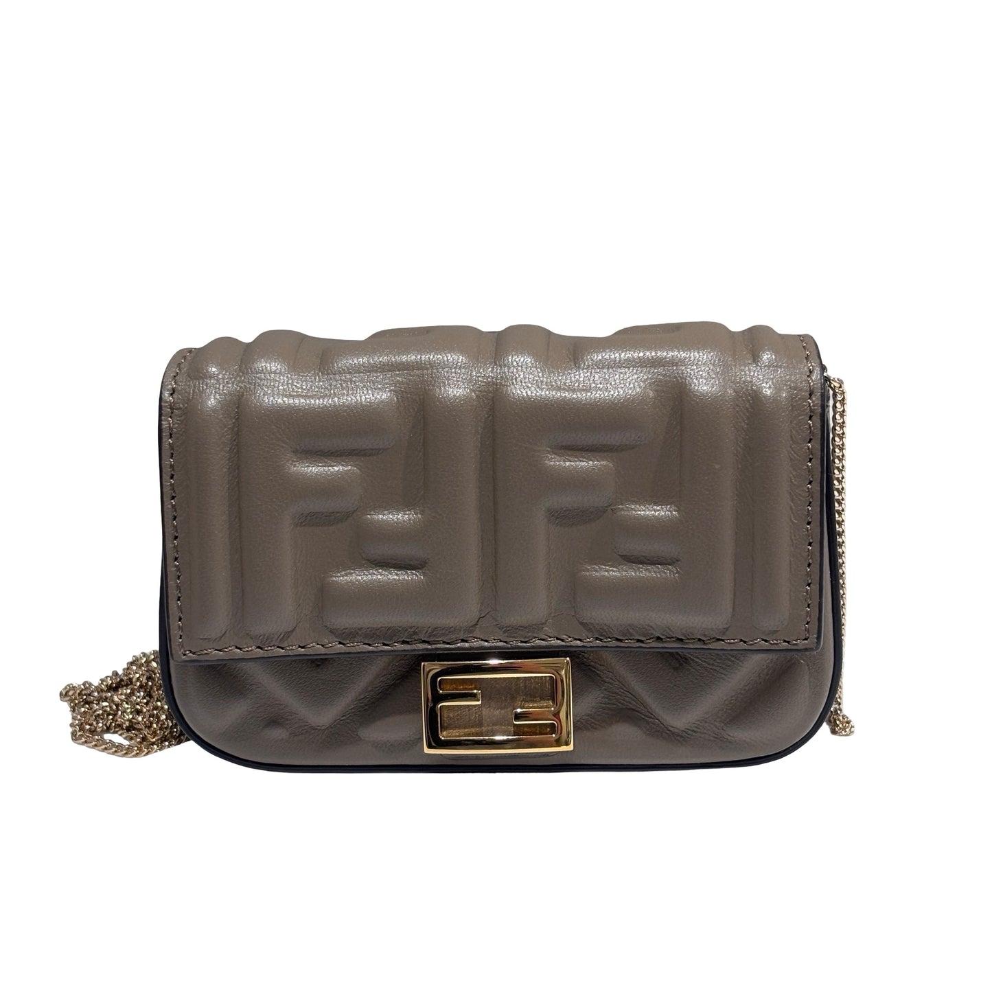 Used FENDI FF Leather Baguette Mini Bag Grey Gold