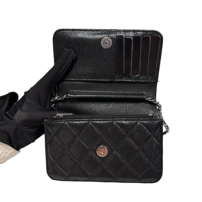Used CHANEL Calfskin Leather MINI WOC Cross Body Bag Black PHW