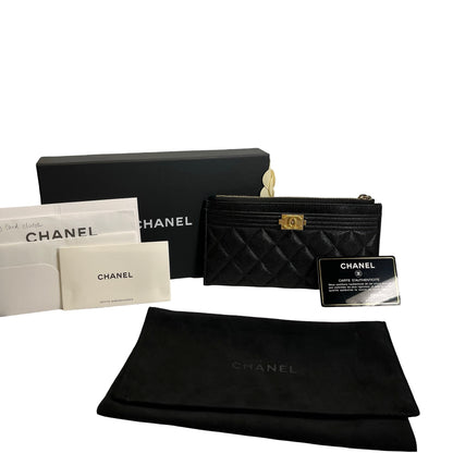 Used CHANEL Caviar Quilted Boy Pouch Black Gold