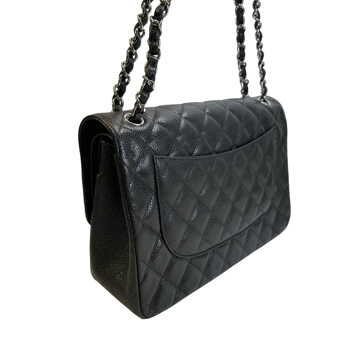 Used CHANEL Quilted Caviar leather Jumbo Single Flap Bag Shoulder Bag Black Silver hardware
